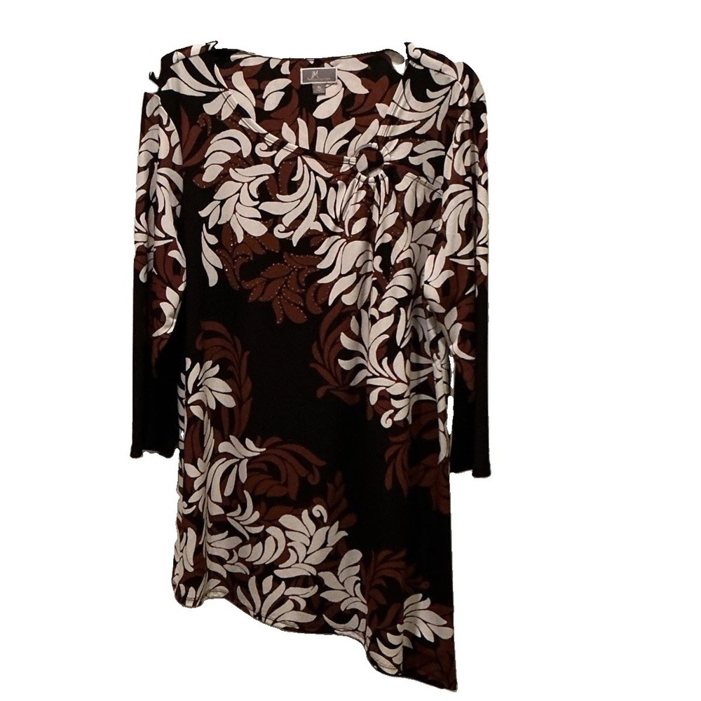 JM Collections Women's Dressy Top Black and Brown Floral 3/4 Sleeve - Size XL -